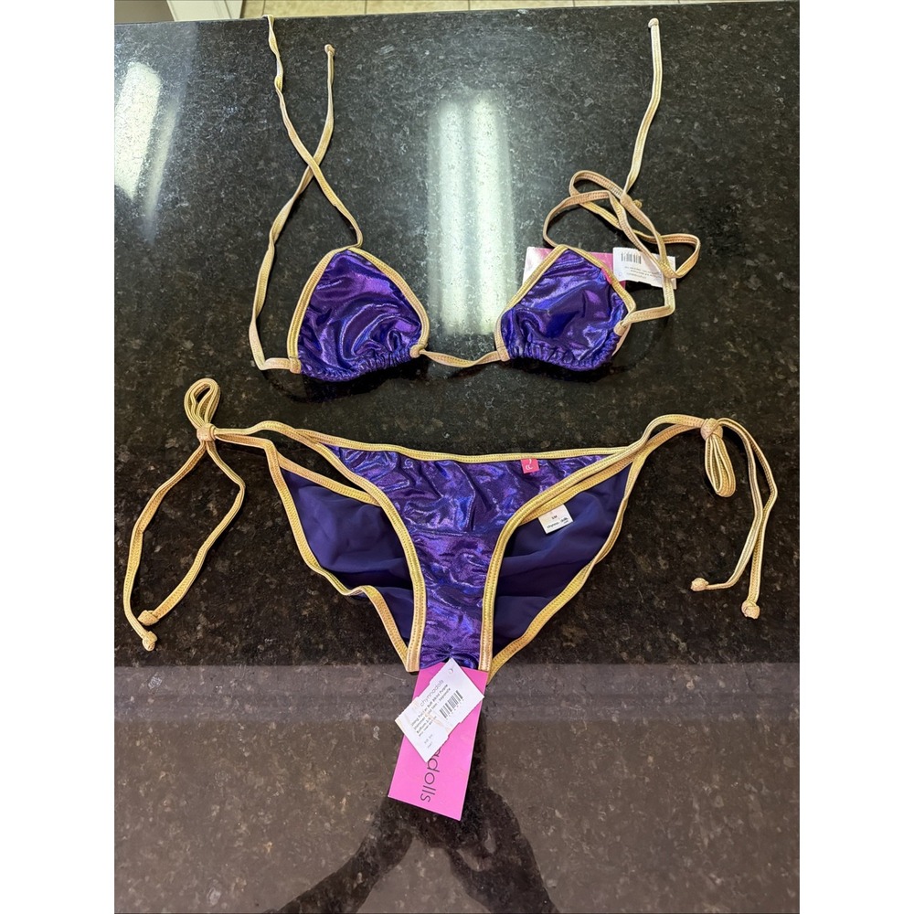 Chynna Dolls Bikini Swimwear Dancer Sz S/M Orange Purple Shimmer Gold Scrunch